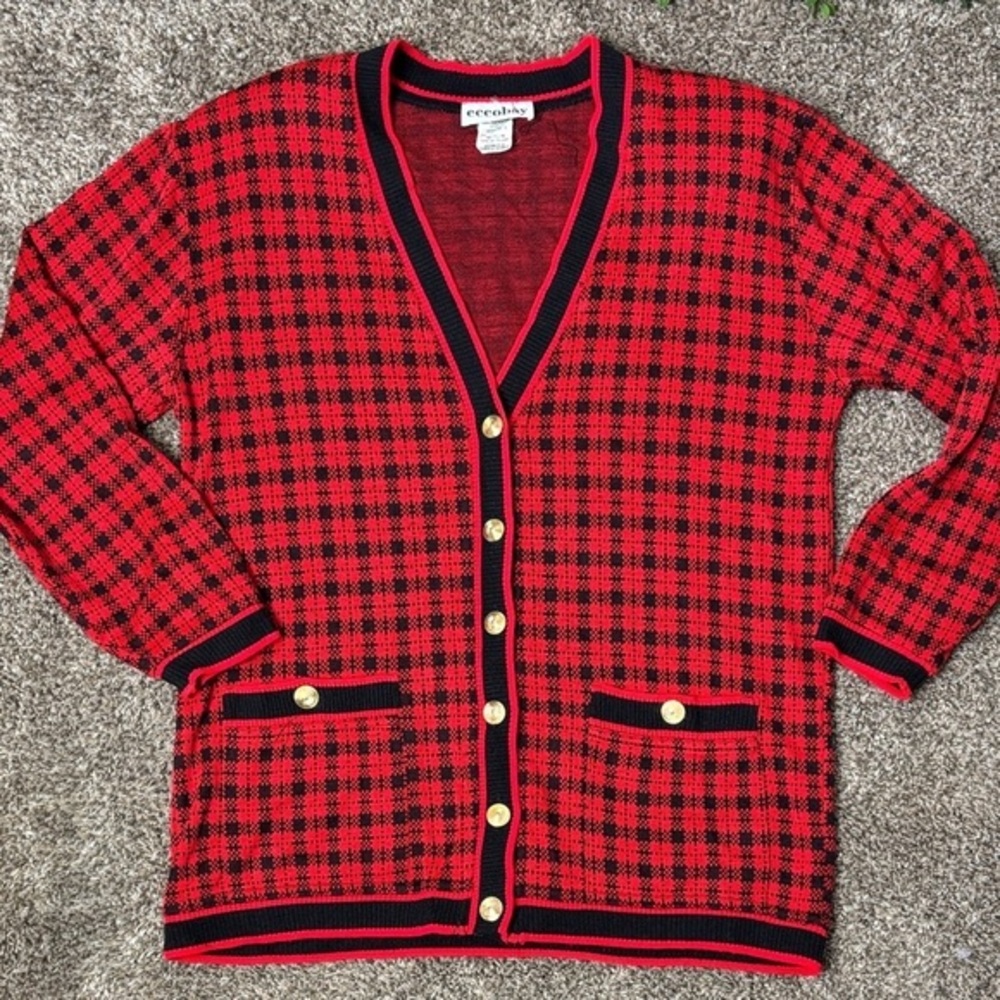 Eccobay vintage Cardigan Pockets Red Black Gold Buttons V neck Sz medium